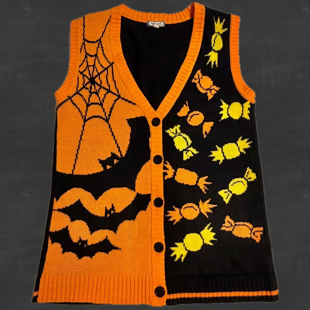 Spooky season Halloween knit sweater cardigan vest trick or treat candy bat y2k